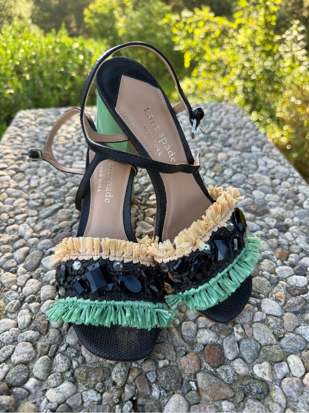 kate spade Black Sandals with Cream & Mint Fringe and Jewel Embellishments